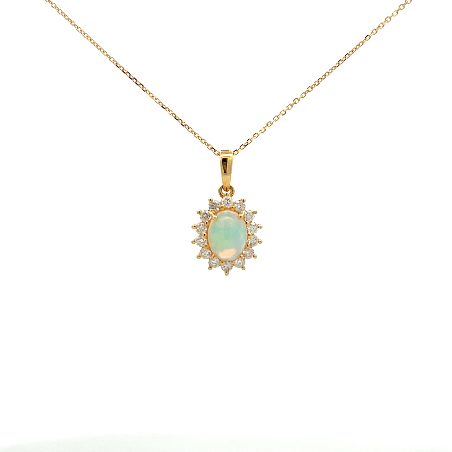 9ct Yellow Gold 0.89ct Opal and Diamond Oval Cluster Necklace