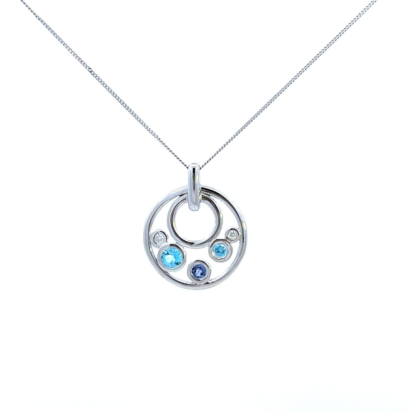 9ct White Gold Tanzanite, Diamond and Topaz Pendant and Chain