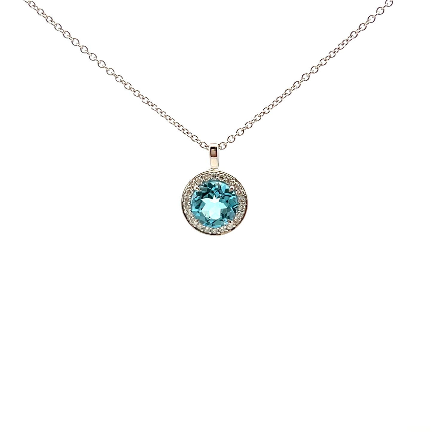 9ct White Gold Blue Topaz & 0.13ct Diamond Cluster Necklace