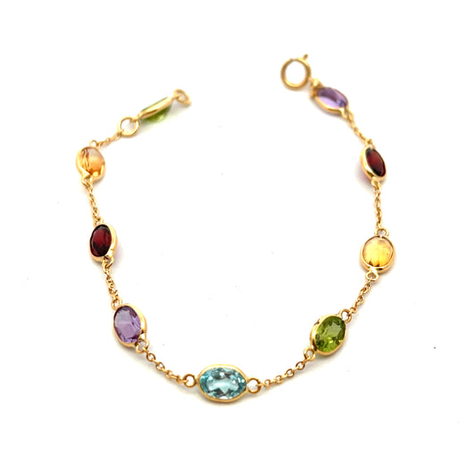 18ct Yellow Gold Garnet Amethyst Citrine Peridot and Blue Topaz Bracelet