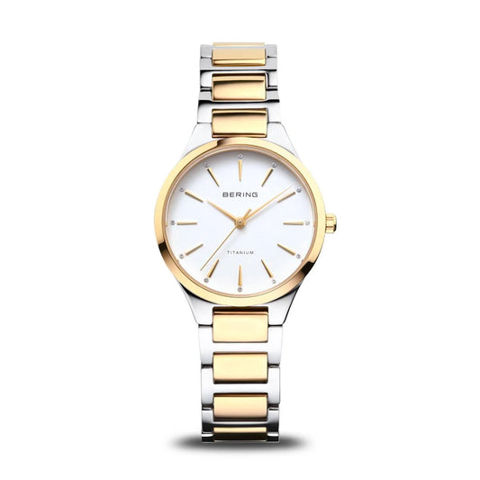 Bering Round White Dial Yellow Gold Plated and Titanium Bracelet Watch 15630-701