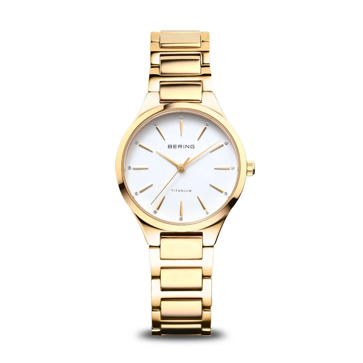 Bering Yellow Gold Plated Titanium Round White Dial Link Bracelet Watch 15630-734
