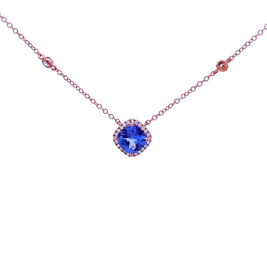 9ct Rose Gold Cushion Cut Tanzanite and Diamond Pendant with Diamond Chain
