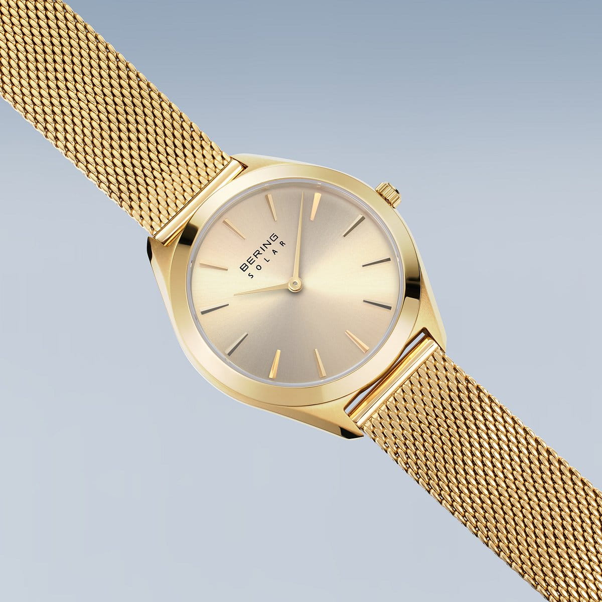 Bering Solar Yellow Gold Plated Round Champagne Dial Mesh Bracelet Watch 17331-333