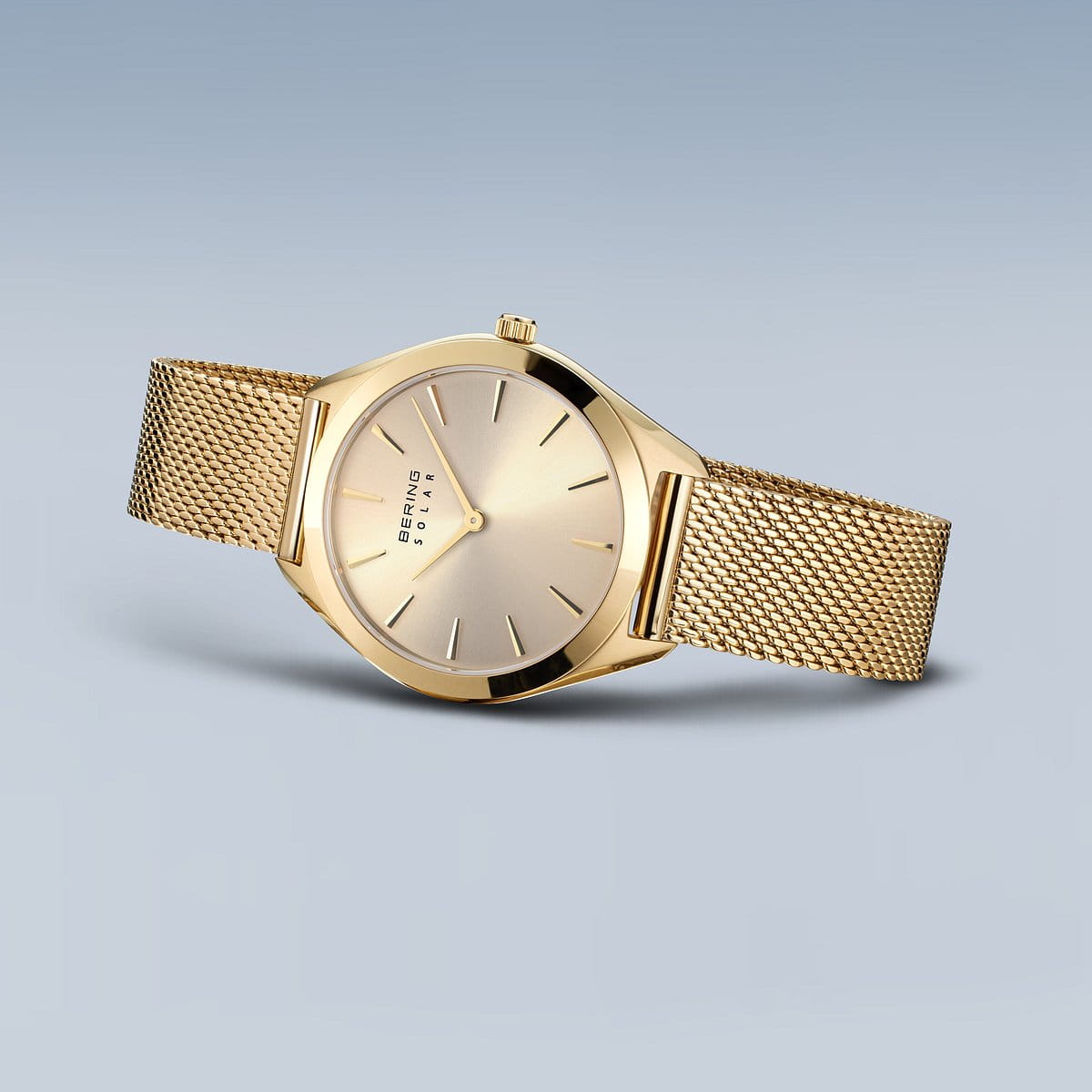Bering Solar Yellow Gold Plated Round Champagne Dial Mesh Bracelet Watch 17331-333
