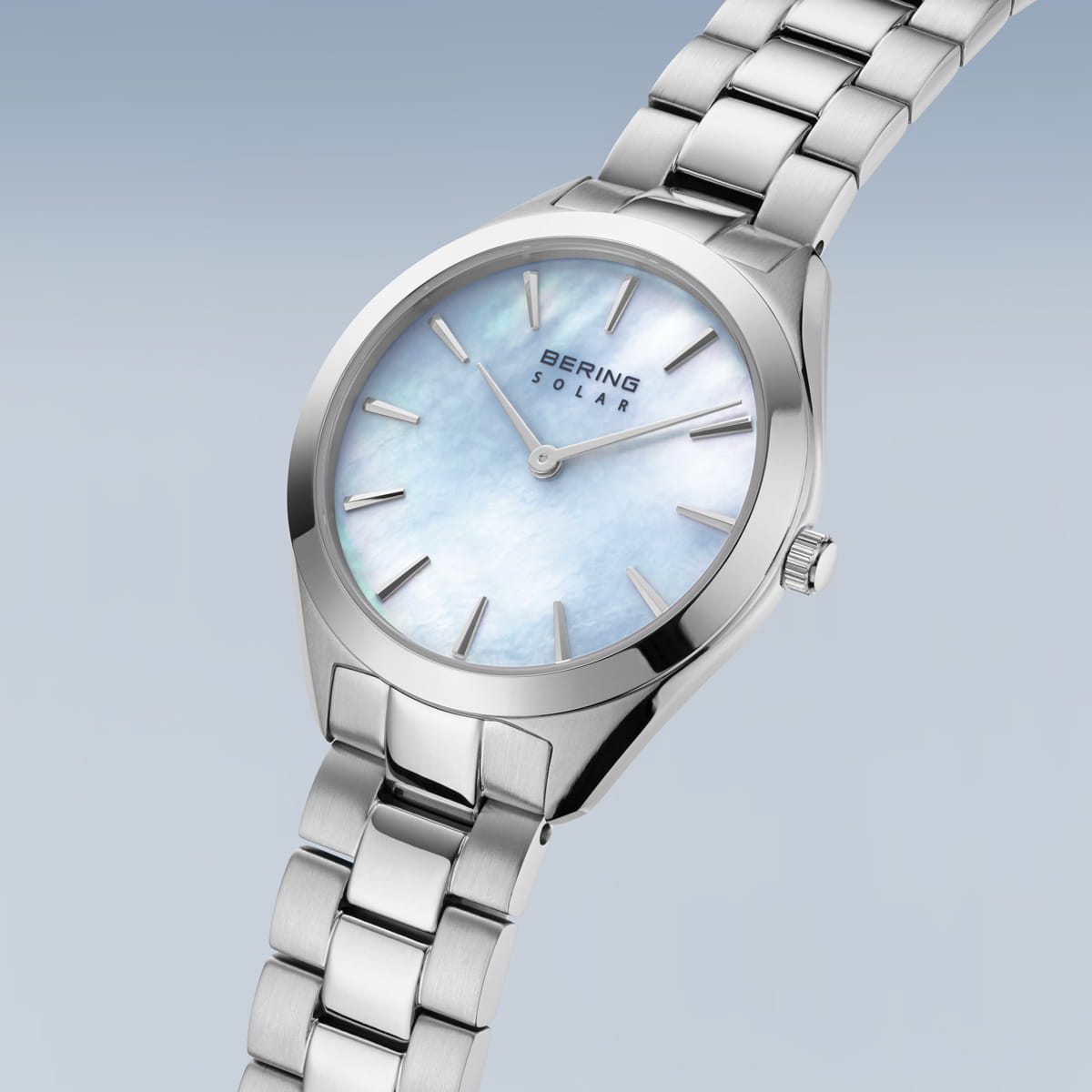 Bering Solar Round Blue Mother of Pearl Dial Steel Links Bracelet Watch 17331-707
