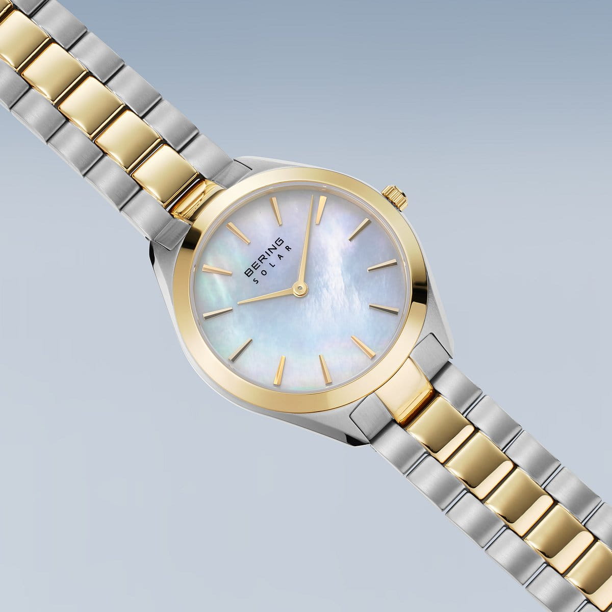 Bering Solar Round Mother of Pearl Dial Two Colour Links Bracelet Watch 17331-710
