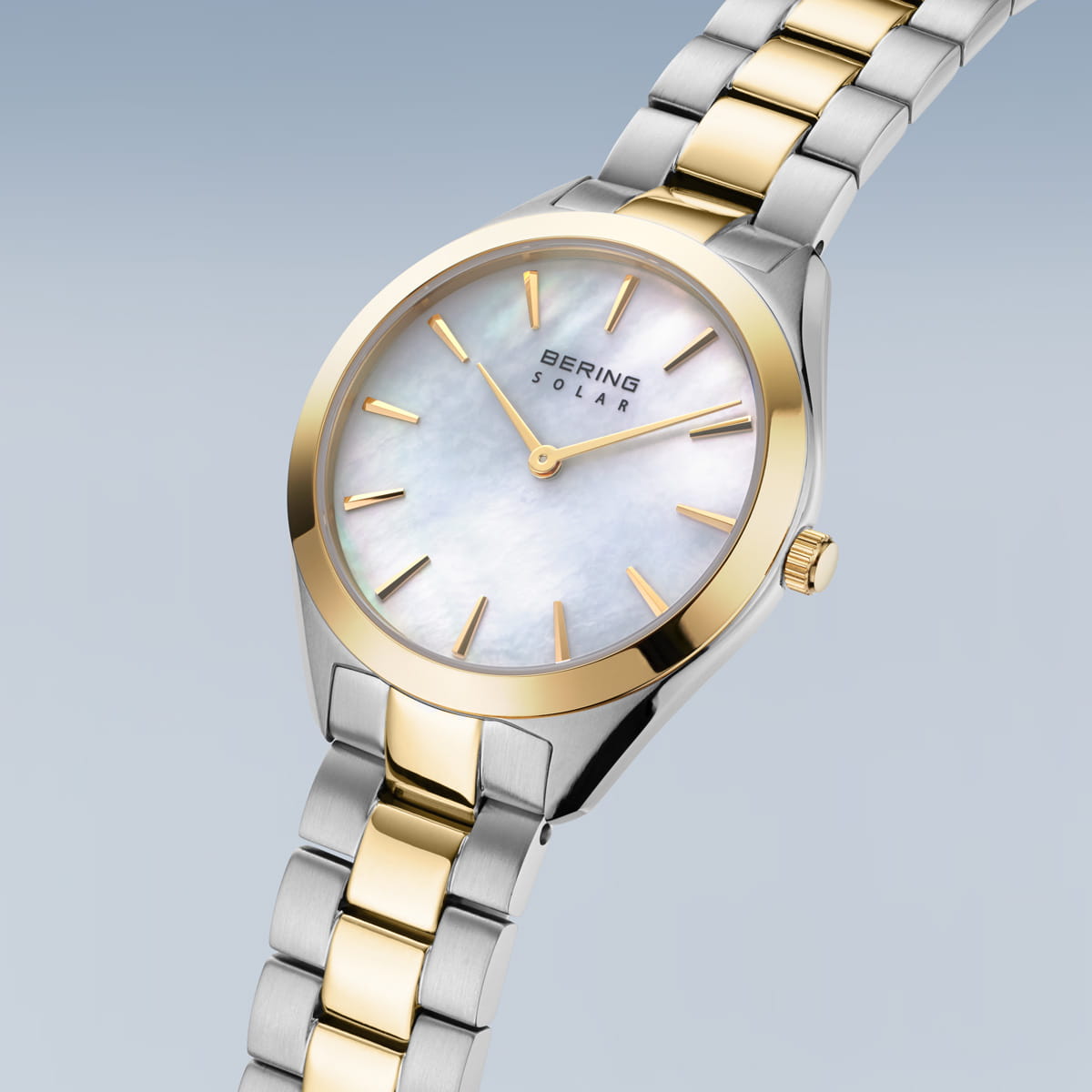 Bering Solar Round Mother of Pearl Dial Two Colour Links Bracelet Watch 17331-710