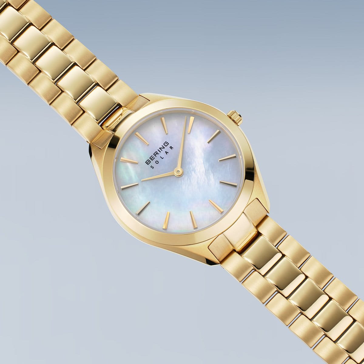 Bering Solar Round Mother of Pearl Dial Yellow Gold Plated Links Bracelet Watch 17331-734