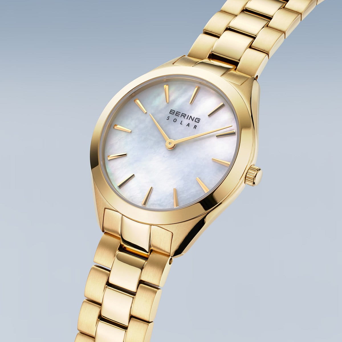 Bering Solar Round Mother of Pearl Dial Yellow Gold Plated Links Bracelet Watch 17331-734