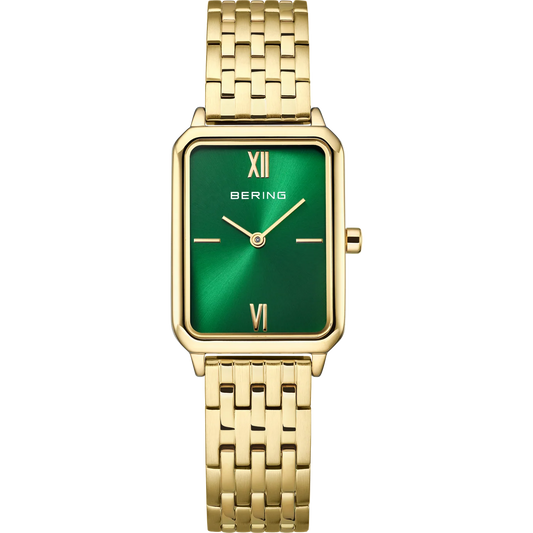 Bering Stainless Steel Rectangular Roman Numeral Link Watch Green Dial