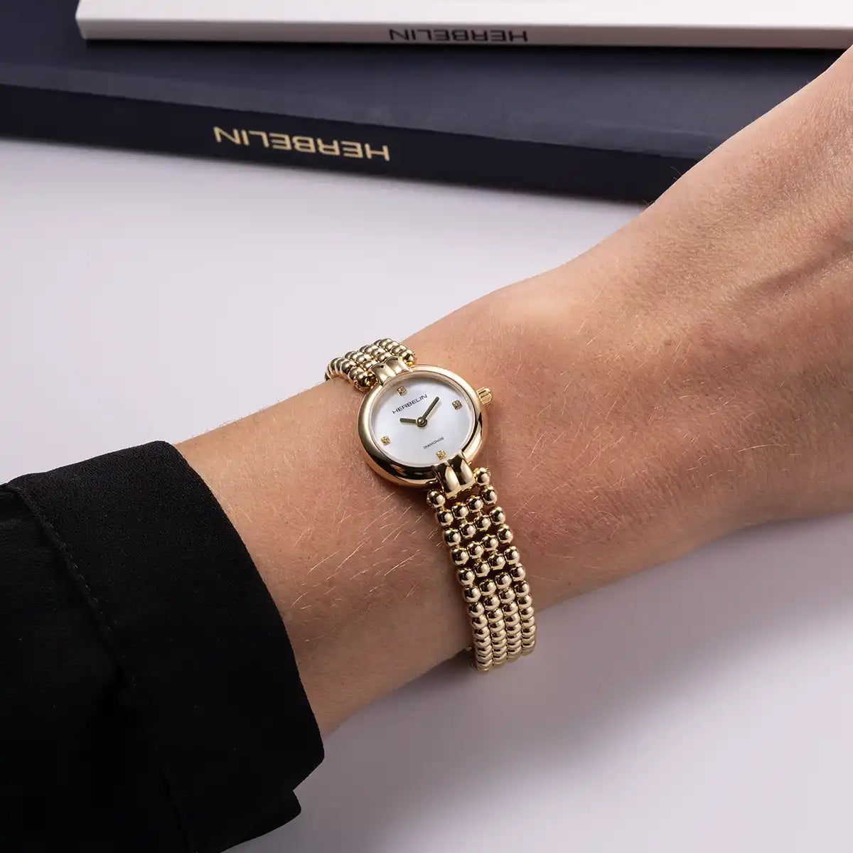 Herbelin Ladies Perles Quartz Yellow Gold PVD Diamond Watch 17433BP1N89