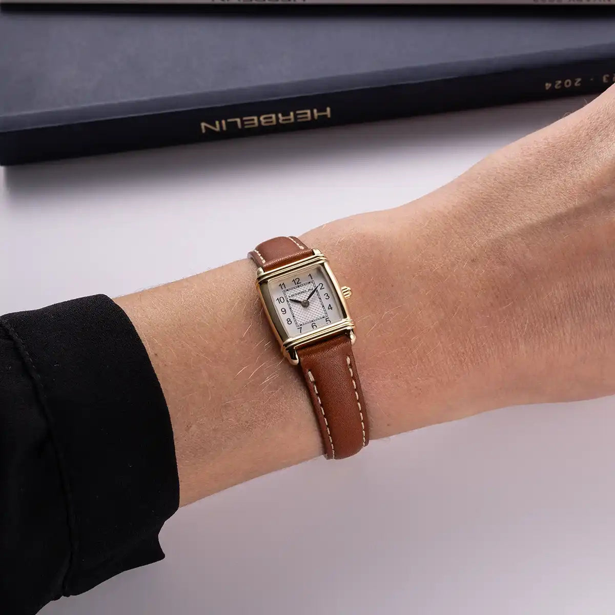 Herbelin Art Deco Arabic Mini Tonneau Strap Watch 17438P1N22GD