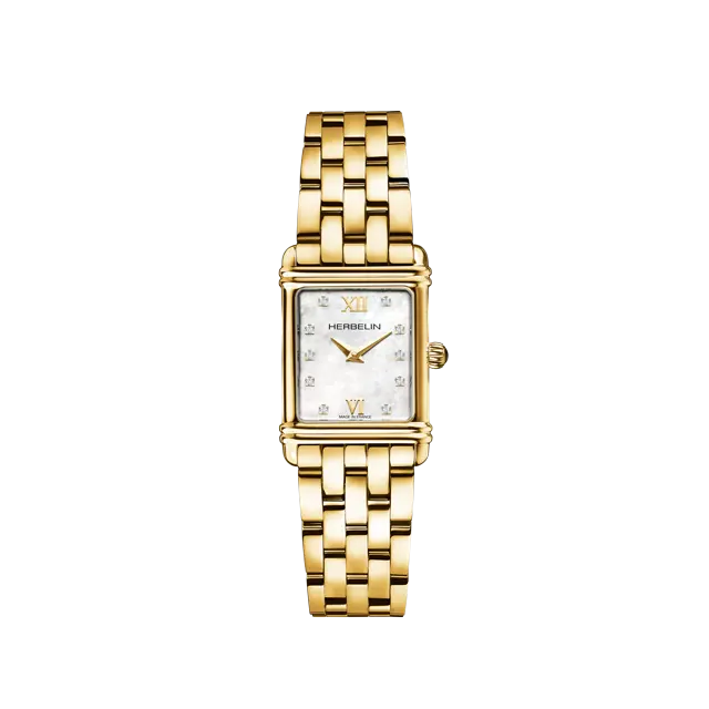 Herbelin Art Deco Rectangular Mother of Pearl Diamond Dial Yellow PVD Watch 17478BP59