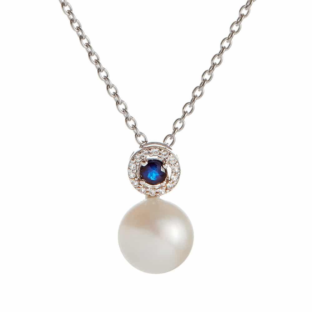 Jersey Pearl Amberley Freshwater Cultured Pearl, Blue Sapphire and White Topaz Pendant and Chain