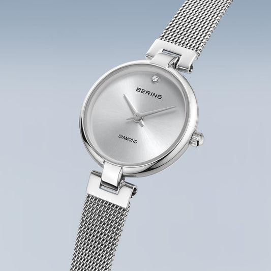 Bering Stainless Steel Round Diamond Dot Dial Mesh Bracelet Watch 17724-000