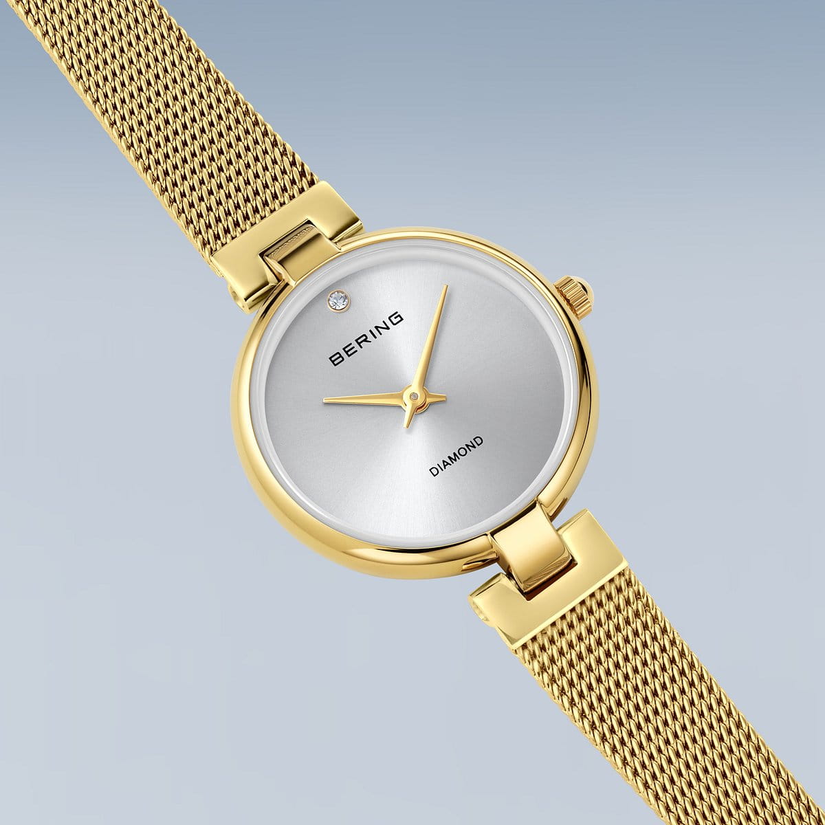Bering Yellow Gold Plated Round Diamond Dot Dial Mesh Bracelet Watch 17724-330