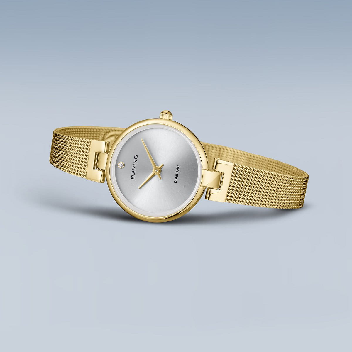 Bering Yellow Gold Plated Round Diamond Dot Dial Mesh Bracelet Watch 17724-330