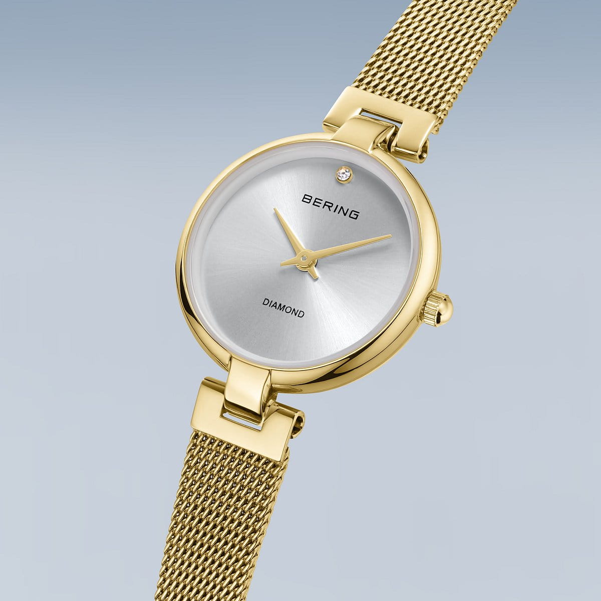 Bering Yellow Gold Plated Round Diamond Dot Dial Mesh Bracelet Watch 17724-330