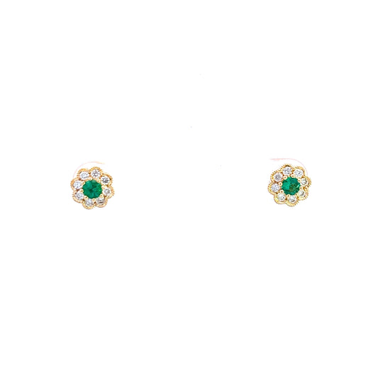 18ct Yellow Gold Emerald and Diamond Stud Earrings