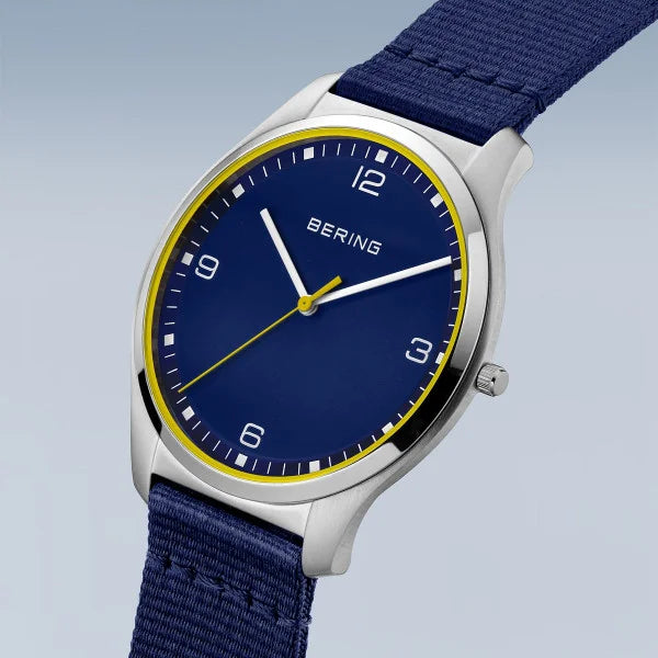 Bering Classic Ultra Slim Navy And Yellow Highlight Dial With Navy Nato Strap 18342-507