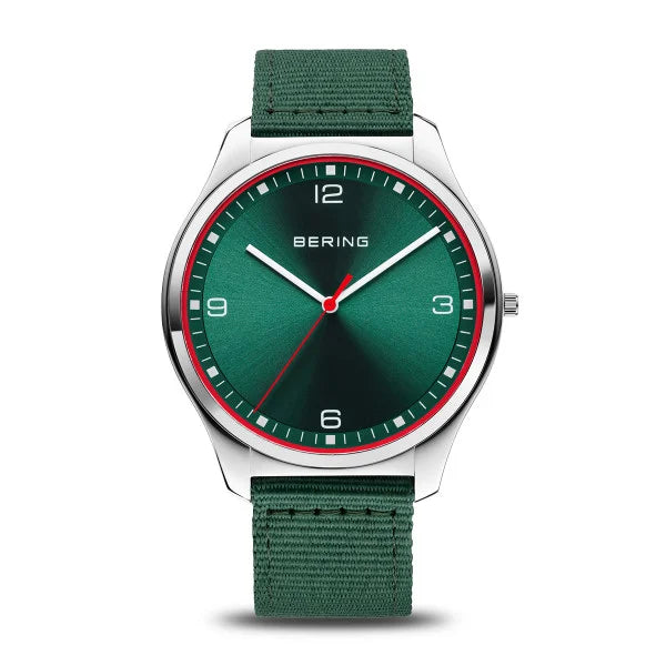 Bering Classic Ultra Slim Green And Red Highlight Dial With Green Nato Strap 18342-508