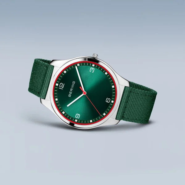 Bering Classic Ultra Slim Green And Red Highlight Dial With Green Nato Strap 18342-508