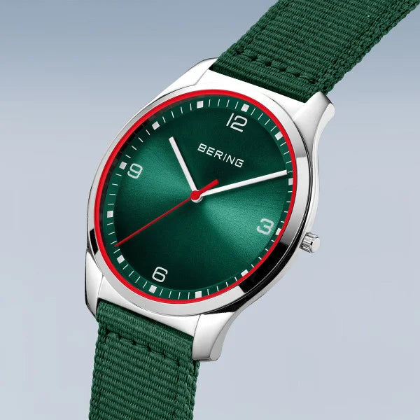 Bering Classic Ultra Slim Green And Red Highlight Dial With Green Nato Strap 18342-508