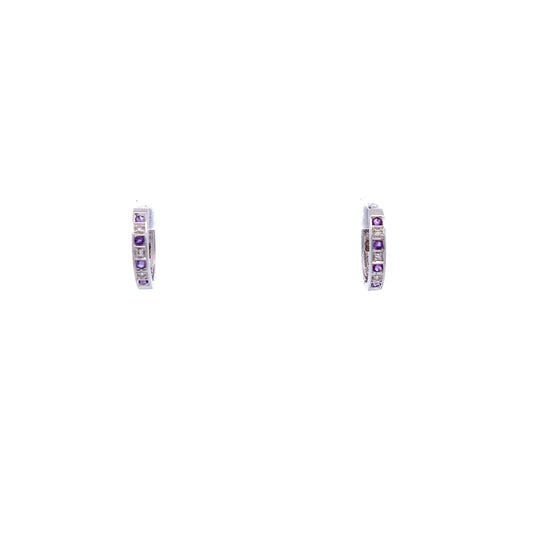 9ct White Gold Amethyst and Diamond Hoop Earrings