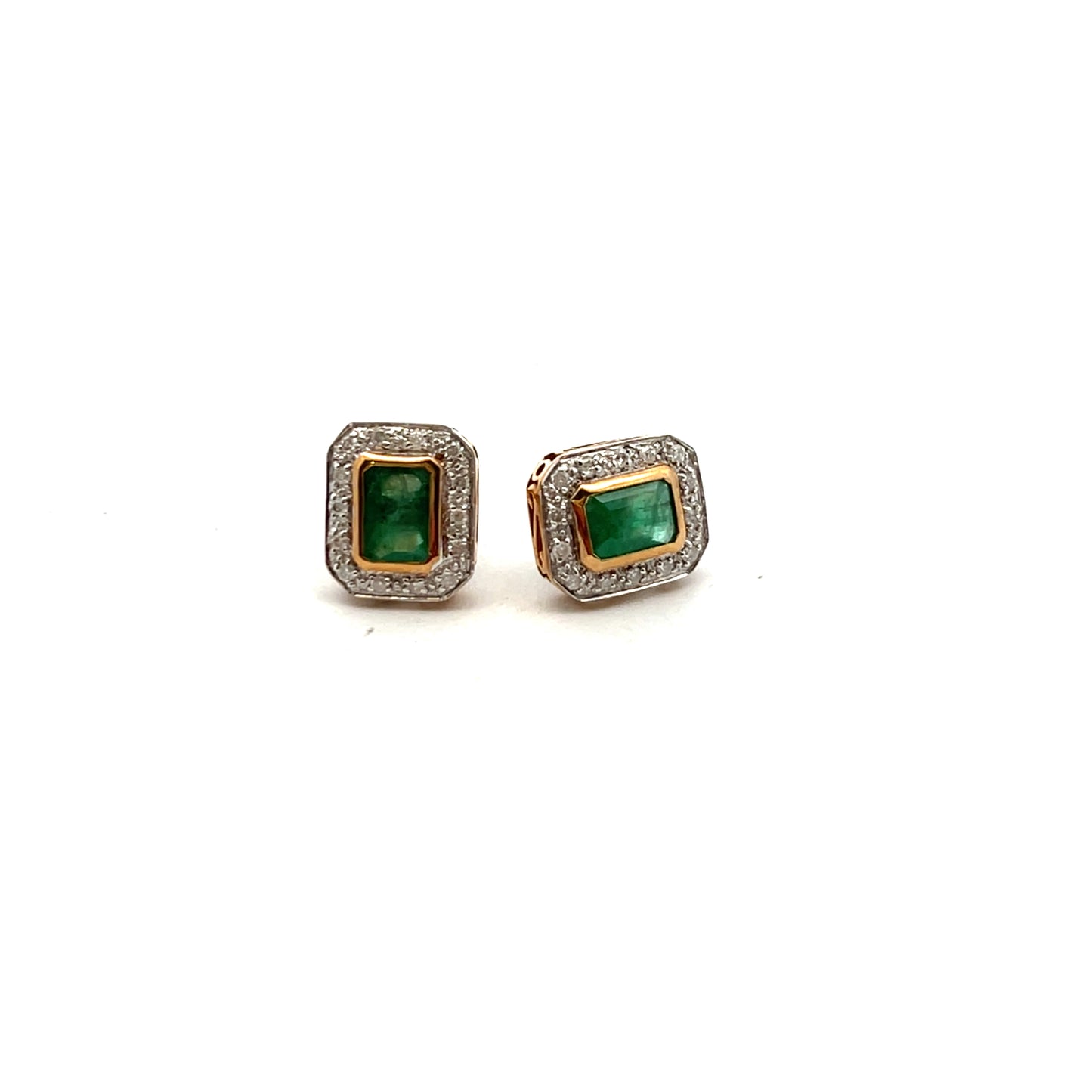 9ct Yellow Gold Rectangular Emerald & Diamond Stud Earrings