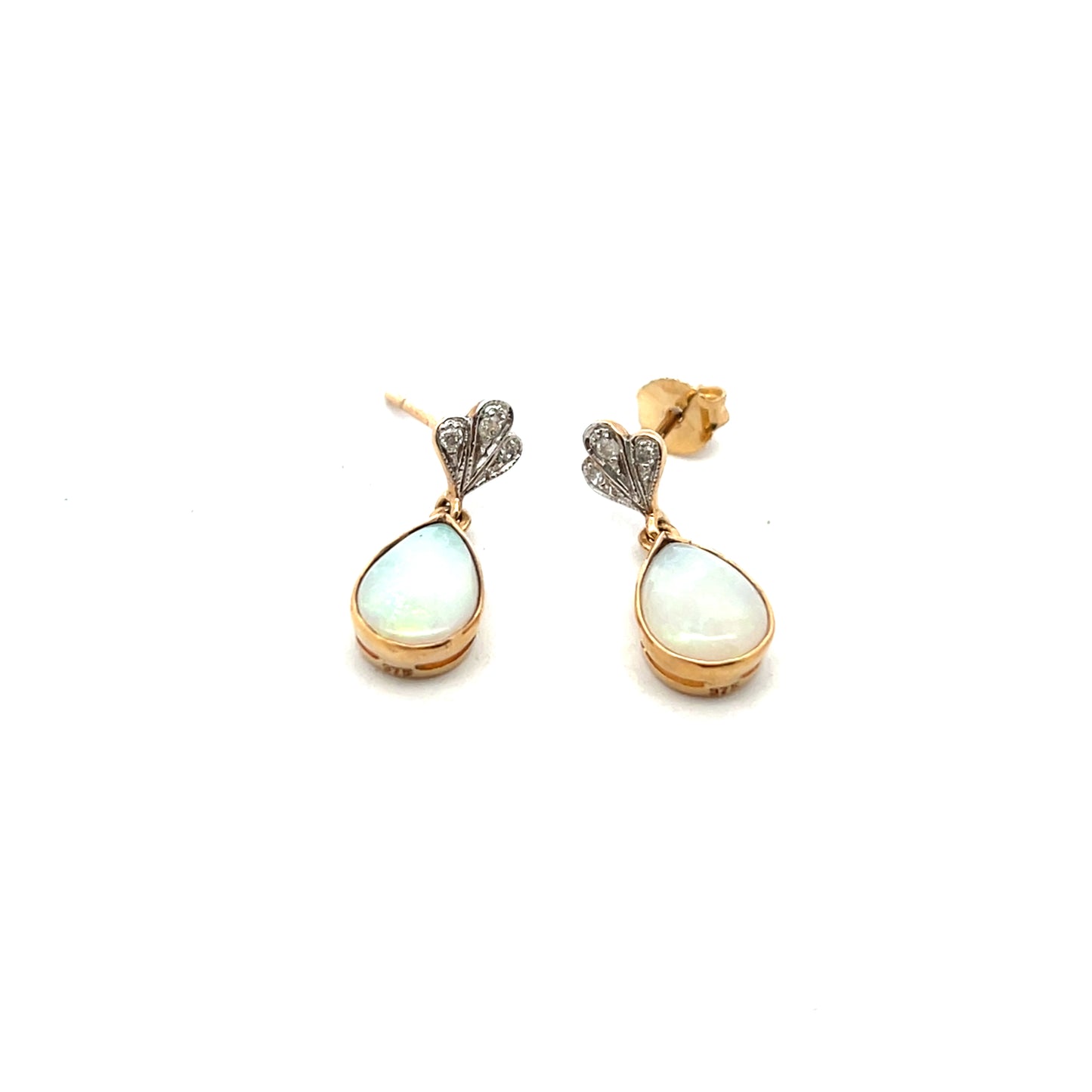 9ct Yellow Gold Pear Shaped Opal And Diamond Drop Earrings