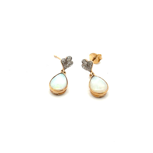 9ct Yellow Gold Pear Shaped Opal And Diamond Drop Earrings