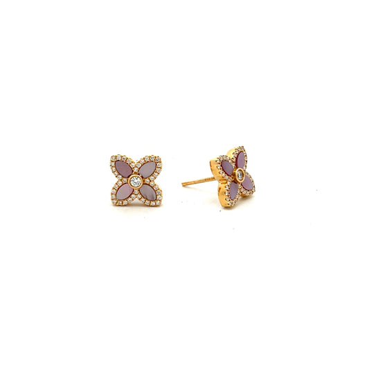 18ct Yellow Gold Pink Mother of Pearl and Diamond Four Petal Stud Earrings