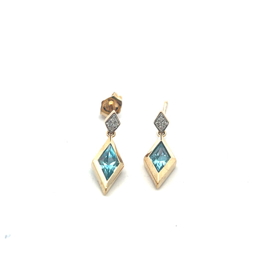 9ct Yellow Gold Kite Cut Blue Topaz and Diamond Drop Earrings
