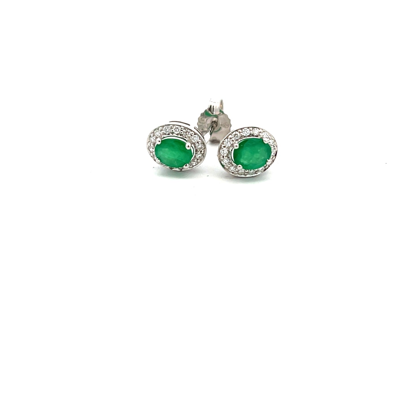 9ct White Gold Emerald and Diamond Oval Cluster Stud Earrings