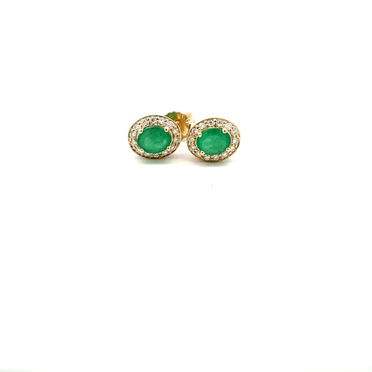 9ct Yellow Gold Emerald & 0.14ct Diamond Oval Cluster Stud Earrings