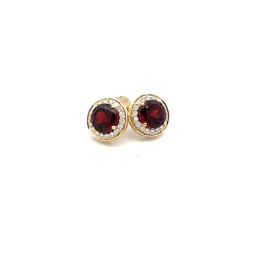 9ct Yellow Gold Garnet & 0.21ct Diamond Round Cluster Stud Earrings