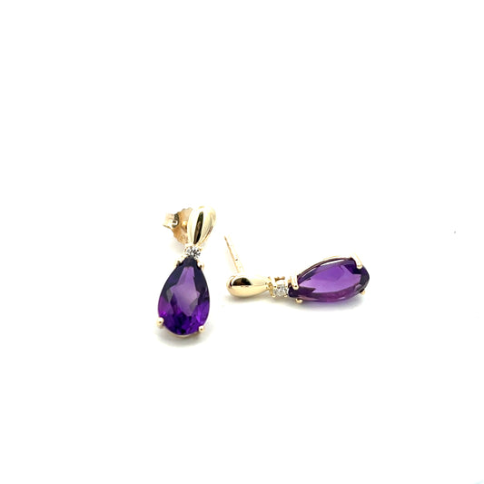9ct Yellow Gold Amethyst and Diamond Drop Earrings