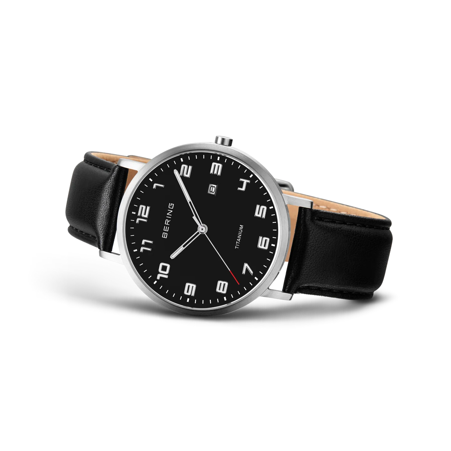 Bering Maxi Titanium Date Numerical Watch Black Leather Strap