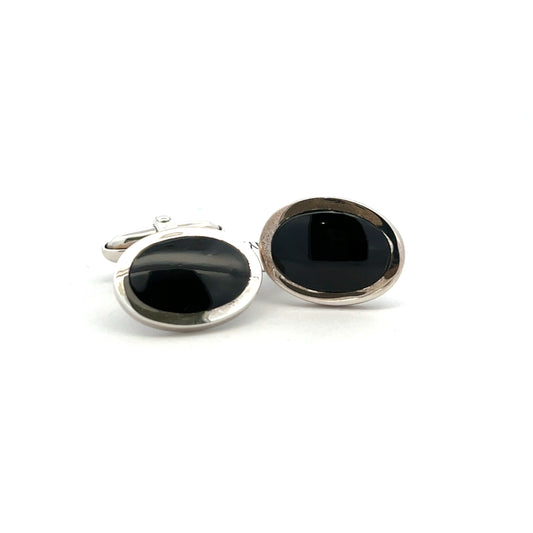 Sterling Silver Oval Black Onyx T Bar Cufflinks