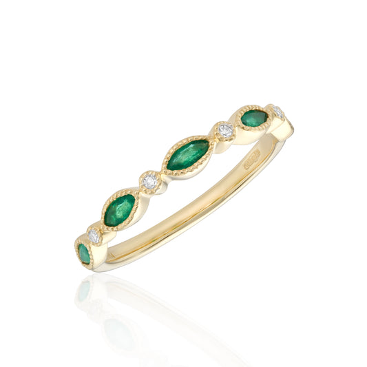 9ct Yellow Gold Emerald and Diamond Millegrain Eternity Ring