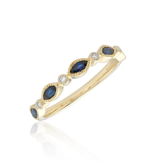9ct Yellow Gold Sapphire and Diamond Millegrain Half Eternity Ring