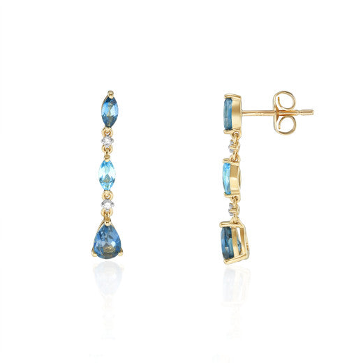 9ct Yellow Gold Diamond And Two Colour Blue Topaz Drop Earrings