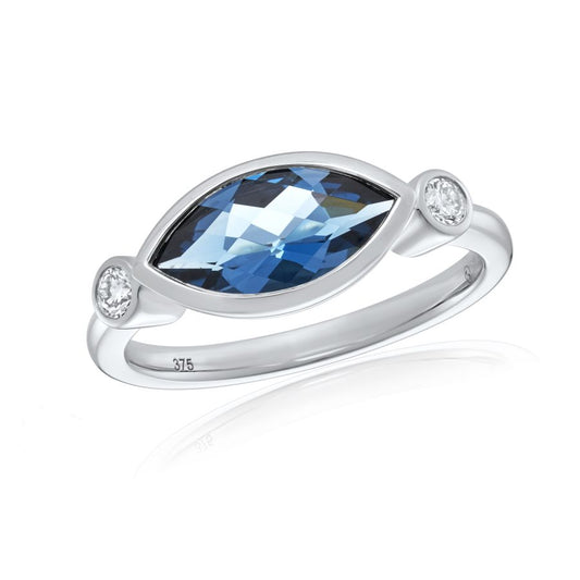 9ct White Gold Marquise London Blue Topaz and Diamond Ring Size N