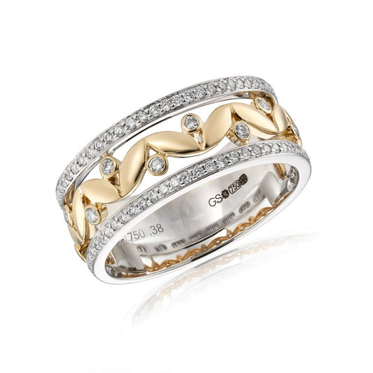 18ct Yellow and White Gold 0.38ct Diamond Set Pierced Leaf Band Size O