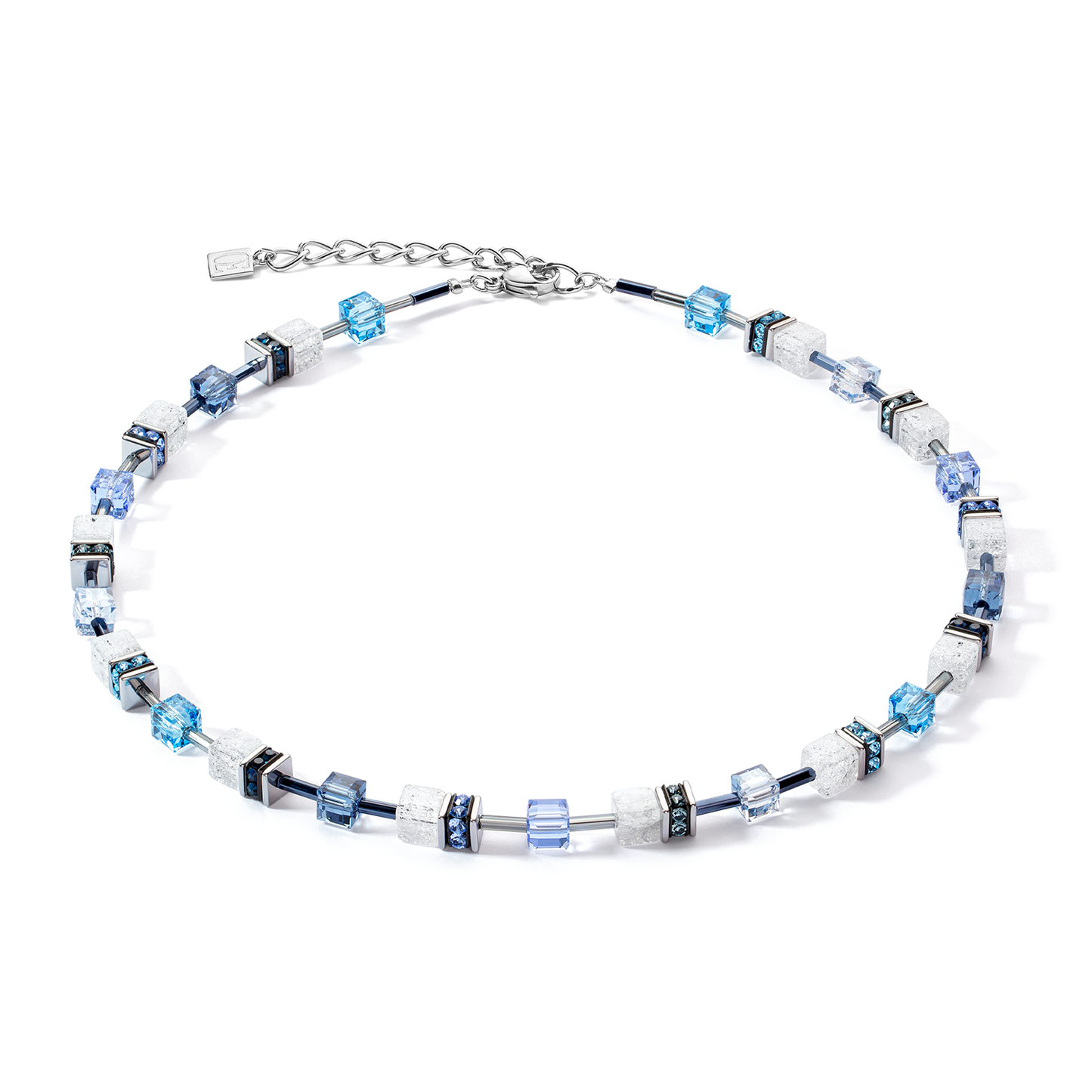 Coeur De Lion Geo Cube Blue and Clear Crystal Necklace 3018/10-0714