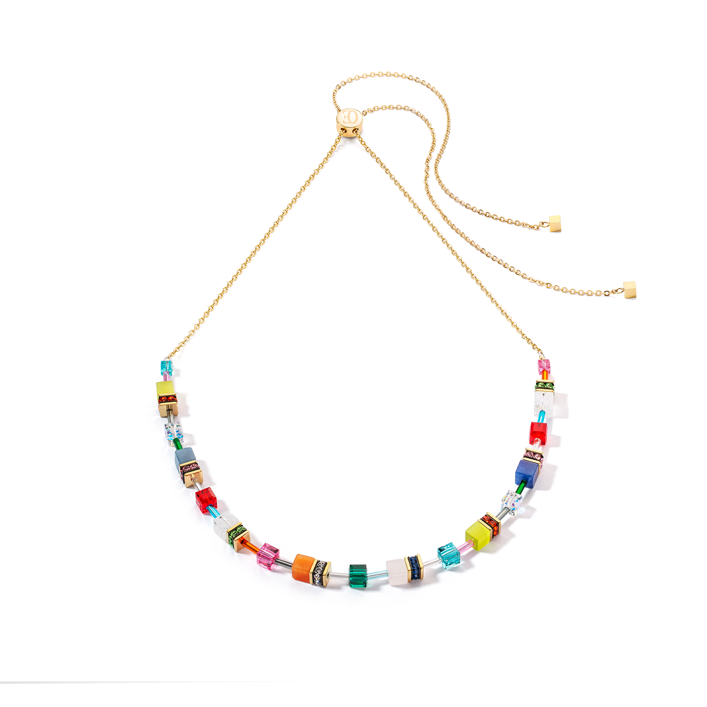 Coeur De Lion Geo Cube Yellow Gold Plated Multicoloured Crystal Necklace