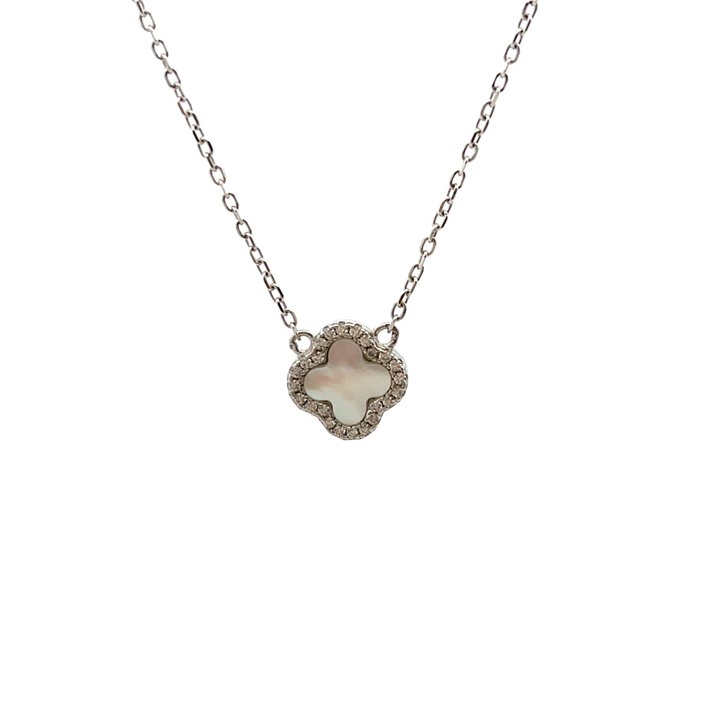 Sterling Silver Mother of Pearl and Cubic Zirconia Four Petal Necklace