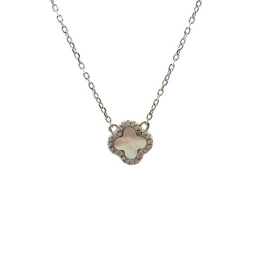 Sterling Silver Mother of Pearl and Cubic Zirconia Four Petal Necklace