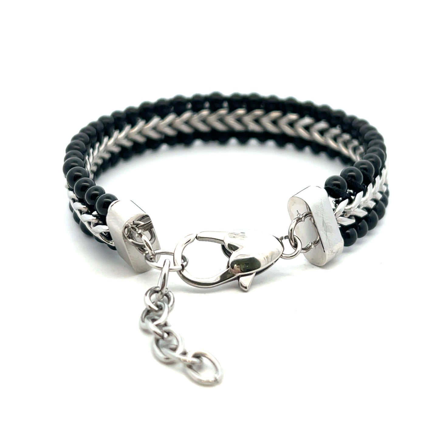 Unique & Co Three Row Onyx Bead and Stainless Steel Chain Weave Bracelet 21cm